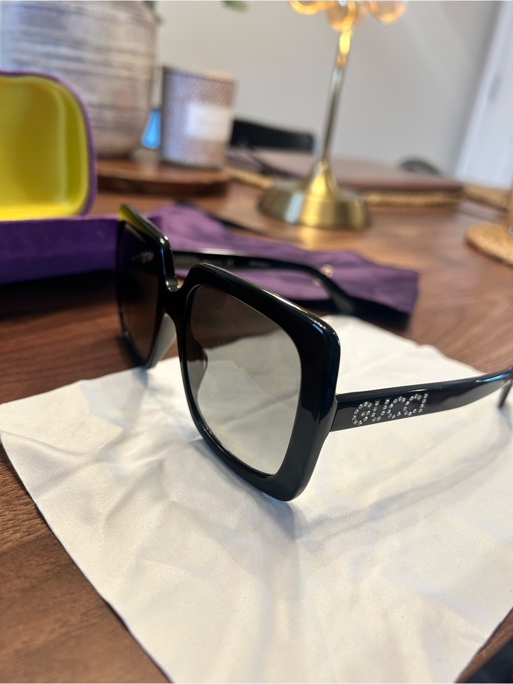 Gucci GG0418S Black Square Oversized Sunglasses with Crystal Logo